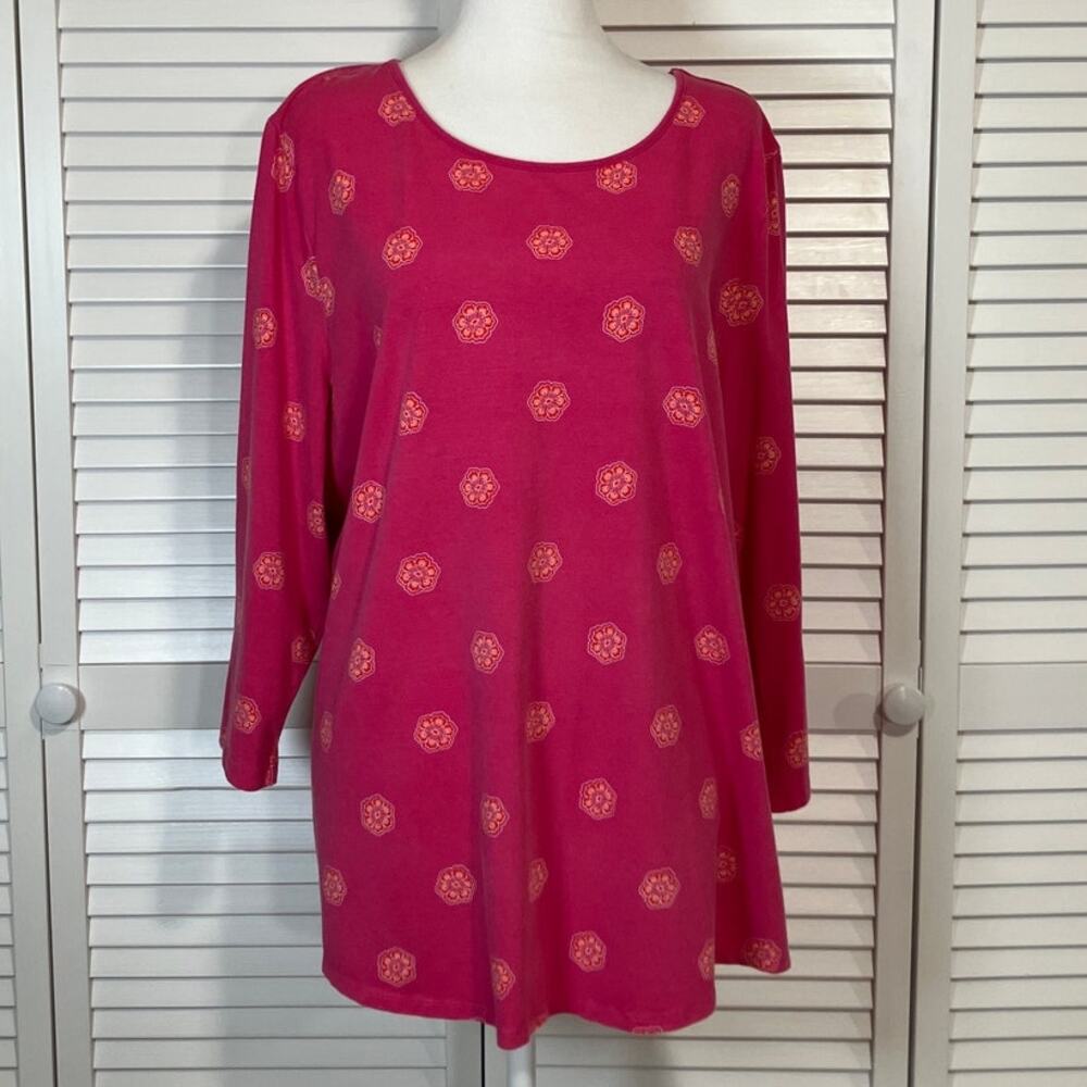 C. Wonder Pink Floral Dot Print Knit Round Neck ¾ Sleeve Top XL